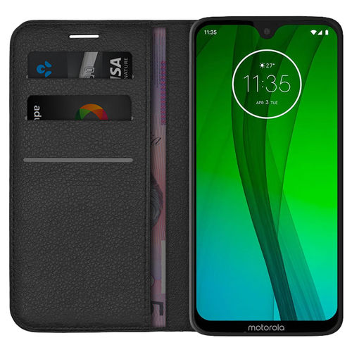 Leather Wallet Case & Card Holder Pouch for Motorola Moto G7 / G7 Plus - Black